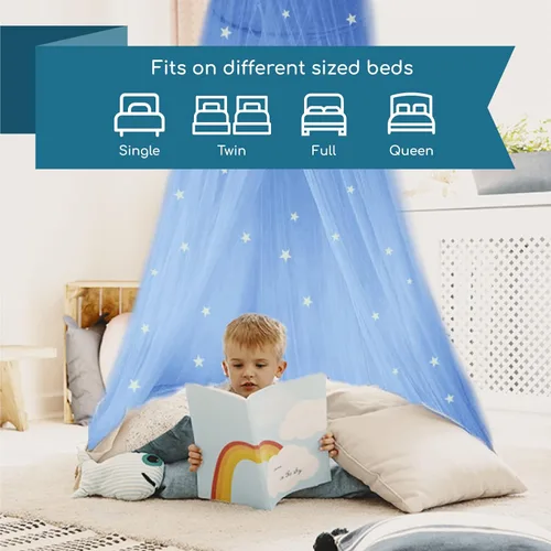 Miniatura 4 de Bollepo Toldo de cama azul y morado para niñas con unicornios + estrellas brillantes, decoración de habitación de red de cuna de princesa, cortinas