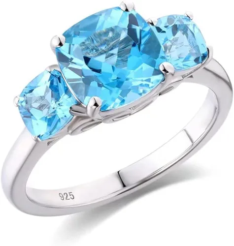 supermodel 925 Sterling Silver Solitaire 3 Stone Statement Ring for Women 4 Cttw 8MM Natural Blue Topaz Promise Ring 18K White Gold Plated Size 6