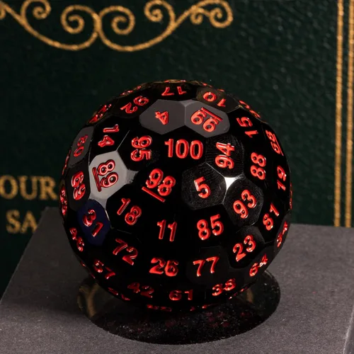 Miniatura 4 de Dados poliédricos mejorados de 100 caras (D100), 1.969 in, fuente negra/roja, dado único, dados de juego D&D, lata de almacenamiento de metal