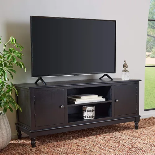 Miniatura 2 de SAFAVIEH Ozark Soporte de TV para pantalla plana de hasta 55 pulgadas, negro, 2 puertas con almacenamiento interior, 2 estantes abiertos, consola