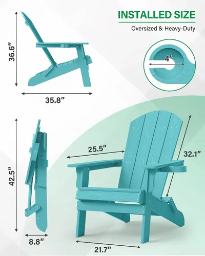 Miniatura 2 de YEFU Silla Adirondack, silla Adirondack de plástico de gran tamaño, sillas plegables para exteriores con soporte para tazas, silla de césped