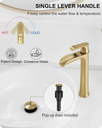 Miniatura 4 de Grifo para fregadero de recipiente, grifo de baño alto de latón en cascada, 1 manija, grifos dorados para mueble de baño, 1 agujero con drenaje