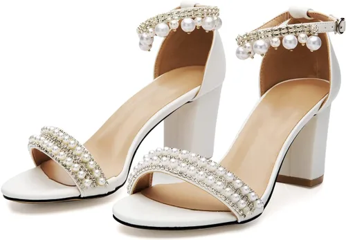 Miniatura 5 de Zapatos de novia para mujer, con puntera abierta, cómodos, tacón medio de bloque, correa al tobillo, sandalias de tacón con cadena de perlas