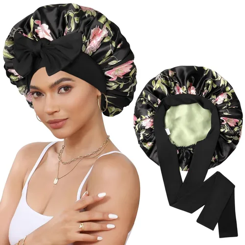 Miniatura 8 de Gorro de satén de seda para dormir, gorro de seda de doble capa con banda elástica para cabello rizado Negro+marrón