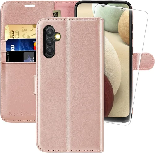 MONASAY Funda tipo cartera compatible con Galaxy A13 5G, protector de pantalla de vidrio incluido, bloqueo RFID, funda de piel con tapa para
