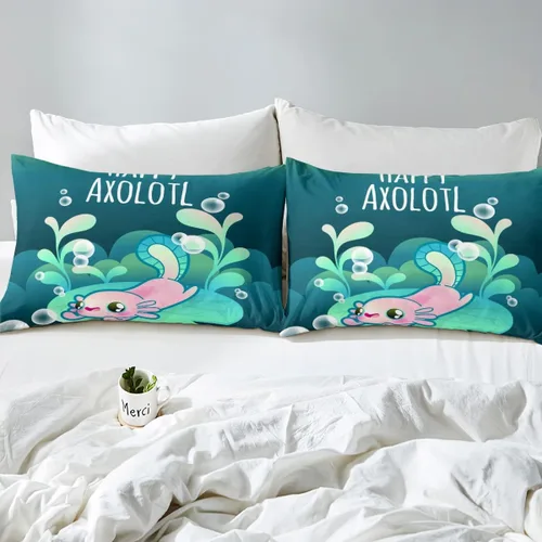 Miniatura 4 de jejeloiu Juego de funda de edredón verde de ajolote de dibujos animados, juego de ropa de cama Kawaii de animales 3D para niños, niñas, niños