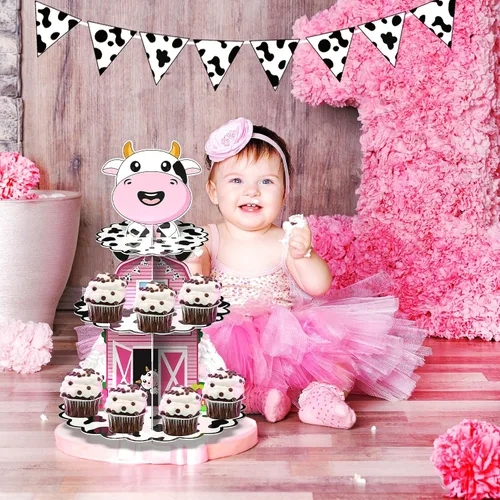 Miniatura 2 de Holy Cow I'm One Birthday Decor – Soporte de cartón con estampado de vaca de 3 niveles para fiesta de primer cumpleaños, soporte para cupcakes