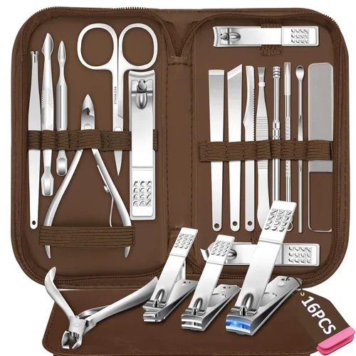 Miniatura 10 de Juego de manicura 16 en 1, kit profesional de pedicura de acero inoxidable, juego de cortaúñas para uñas de los pies, kit de aseo masculino, kit