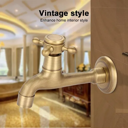 Miniatura 3 de Europeo montado en la pared vintage G1/2 "grifo de latón sólido solo cinta de agua fría para fregadero de cocina fregona piscina (L)