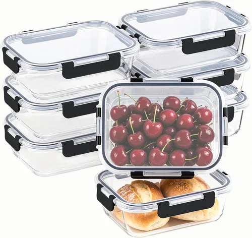 Paquete de 8 recipientes de vidrio grandes para preparación de comidas de 36 onzas con tapas, recipientes de almacenamiento de alimentos de vidrio