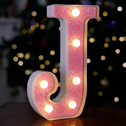 Miniatura 23 de Letras con luces LED, letras de marquesina con brillantina rosa, letras del alfabeto, letreros iluminados por pilas, para decoración de fiestas