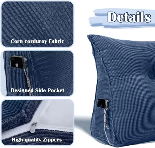 Miniatura 3 de Almohada triangular de cuña tamaño individual XL con un bolsillo lateral, cojín grande para cabecero, respaldo, almohadas de cuña con funda Gris