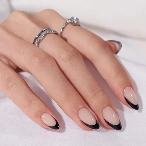 Miniatura 2 de BTArtbox Uñas cortas a presión, color negro, francés, almendra, con pegamento y pestañas adhesivas para mujeres en 16 tamaños, kit de 32 uñas de gel