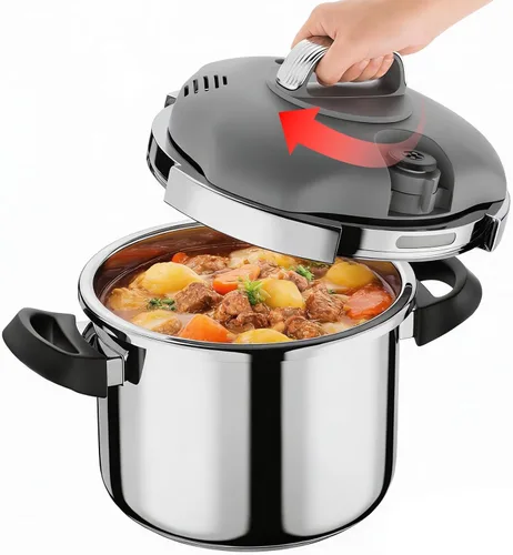 Olla a Presión de Acero Inoxidable, Bloqueo de Una Mano/Bloqueo Rotativo, Compatible con Gas e Inducción, Cocina Rápida para Comidas Grandes, Apta