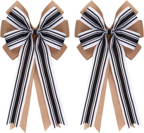 Meseey 2 Piezas Lazos Dobles Grandes de Arpillera de 20 x 10 Pulgadas Negro y Blanco Lazos de Corona a Rayas Estilo Granja para Envolver Regalos