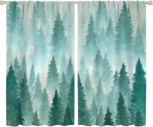 Miniatura 34 de BAEKJIN Cortinas verdes de bosque brumoso, acuarela, naturaleza, paisaje, plantas, árbol, bolsillo para barra, opacas, tratamiento de ventana