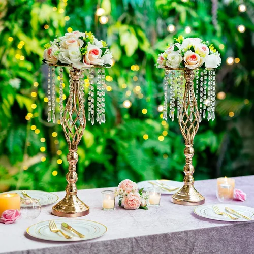 Miniatura 8 de Sziqiqi - Centro de mesa elevado floral dorado para mesa de boda de 21.7 pulgadas de altura con centros de mesa de flores de cristal y cuentas