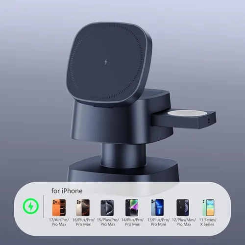 Miniatura 4 de 【Actualizado 2026】Cargador inalámbrico 4 en 1, estación de carga inalámbrica 3 en 1 con luz nocturna para cargador MagSafe, soporte de viaje Gris
