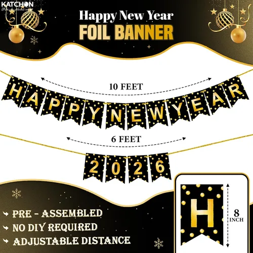 Miniatura 2 de KatchOn, Banner de Feliz Año Nuevo 2026 - Sin bricolaje, 10 pies Telón de fondo de Feliz Año Nuevo para suministros de fiesta de Nochevieja