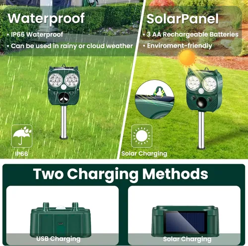 Miniatura 5 de Repelente de gatos al aire libre solar ultrasónico repelente de animales al aire libre dispositivos disuasorios de mapache IP66 impermeable ratón