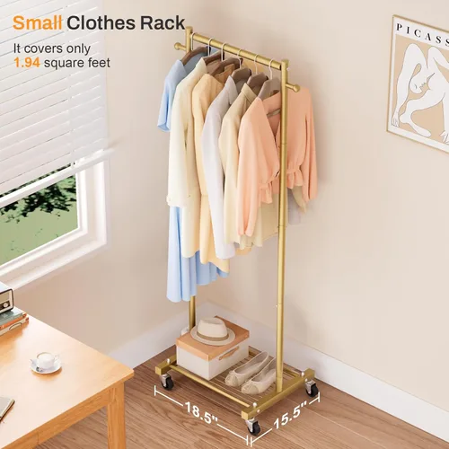 Miniatura 7 de MISSLO Percheros pequeños para colgar ropa con ruedas, perchero de ropa de 60 pulgadas con estantes, estante portátil con ruedas para armarios Dorado