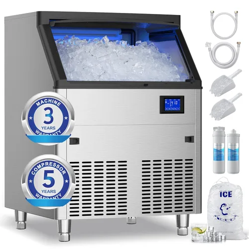 Coolake Máquina comercial para hacer hielo de 450 libras/24 horas con almacenamiento de 130 libras, máquina de hielo de acero inoxidable debajo del