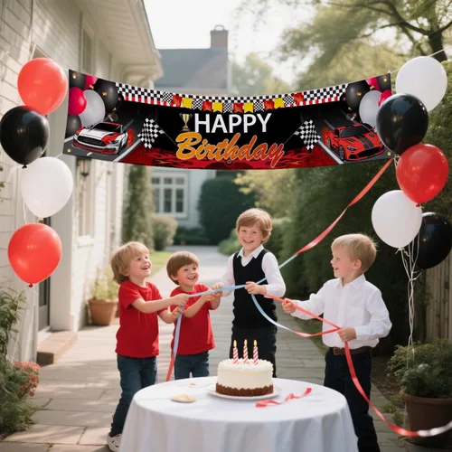 Miniatura 2 de Cartel de feliz cumpleaños de coche de carreras, cartel de patio con temática de auto de carreras para suministros de fiesta de cumpleaños, telón