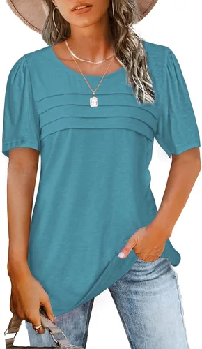 Miniatura 34 de JomeDesign - Camisetas casuales de verano para mujer, manga corta, cuello redondo, manga abullonada