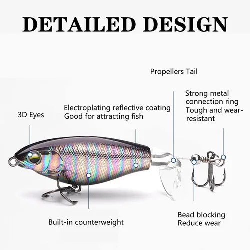 Miniatura 3 de Topwater - Señuelos de pesca para lubina, señuelos Whopper Popper con ojos 3D realistas y colas giratorias para agua dulce y salada, juego de 5