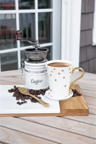 Miniatura 4 de Twine Molinillo de café vintage de mano, diseño manual ajustable con mango de madera y tarro de cerámica blanca, juego de 1