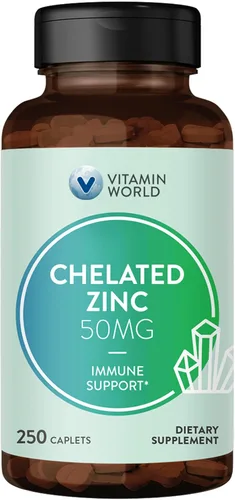 Vitamin World Zinc quelatado de 50 mg - 250 comprimidos, suplemento de zinc quelado de alta potencia y bien absorbido, apoya la salud inmunológica,