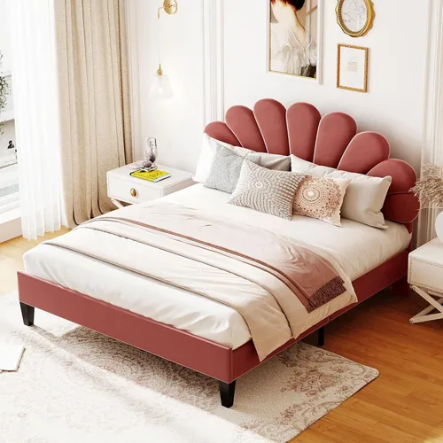 Harper & Bright Designs - Cama de plataforma tapizada tamaño Queen con cabecera de terciopelo con patrón de flores, base de cama de madera para