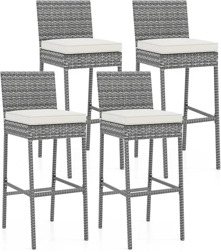 Miniatura 12 de Tangkula Juego de 2 taburetes de mimbre para patio, silla de bar para exteriores con cojín de asiento suave y reposapiés acogedor, marco de metal