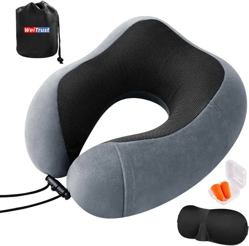 Miniatura 9 de Almohada de avión, almohada de cuello de viaje con espuma viscoelástica, hebilla ajustable y funda lavable a máquina para soporte de cuello en Negro
