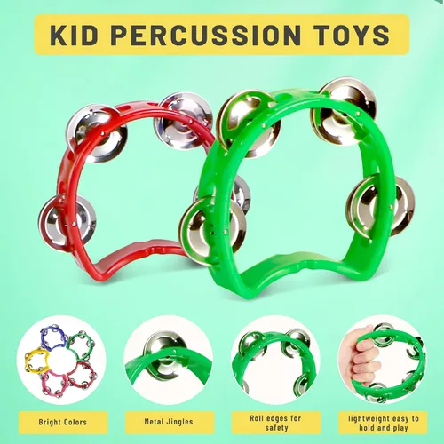 Miniatura 5 de Pandereta para niños, 2 unidades, instrumentos musicales para niños pequeños a partir de 3 años con 4 jingles de metal, certificado ASTM, no tóxico
