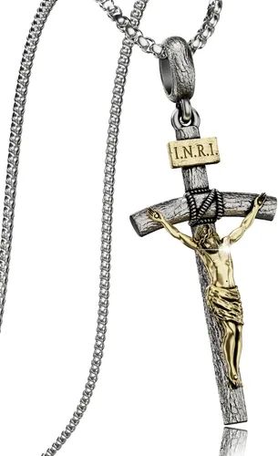 Miniatura 10 de Collar de crucifijo católico para hombres y mujeres, collar de cruz de plata antigua/oro/plata con exquisito colgante de Jesús, cadena de acero
