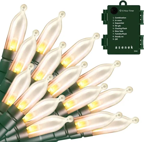 Miniatura 12 de ASENEK Tira de luces LED de Navidad, 33 pies, 100 luces LED para exteriores con temporizador y 8 modos, 3AA funciona con pilas, impermeable
