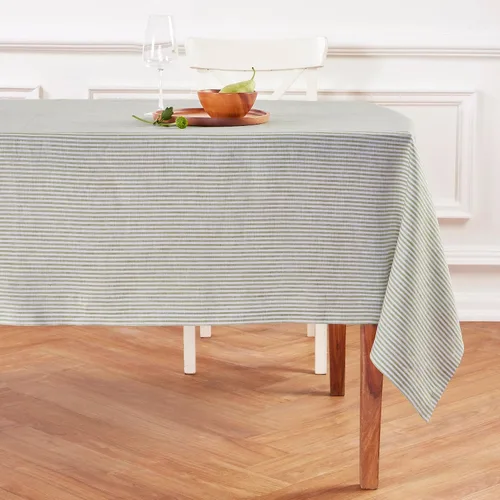 Miniatura 16 de Solino Home Mantel de lino 100 % puro de 52 x 52 pulgadas, mantel cuadrado de aguacate y blanco de rayas estrechas, hecho a mano, lavable a máquina