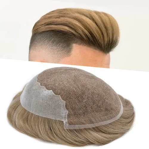 Miniatura 40 de Tupé para hombres 100% europeos unidades de cabello humano francés sistema de cabello de encaje con nudos blanqueados, línea capilar natural para #5