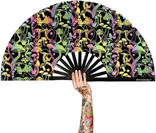 Miniatura 6 de Ventilador de mano plegable de bambú holográfico con funda para hombresmujeres, ventilador de mano para EDM, festival de música, club, extraño