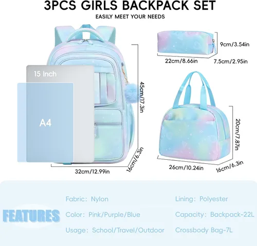 Miniatura 5 de Tanou Mochila con lonchera para niñas, juego de mochila escolar kawaii para niños de escuela primaria, bolsa estética para computadora portátil