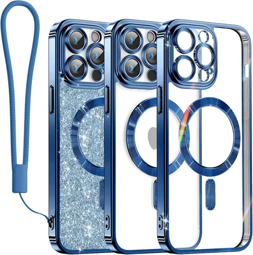 Miniatura 26 de Meifigno Candy Mag Series - Funda diseñada para iPhone 15 Pro, compatible con MagSafe, tarjeta con purpurina y correa de muñeca, protección completa
