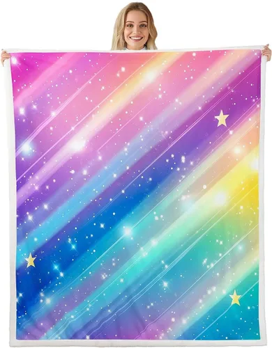 Miniatura 13 de Manta de franela arcoíris para todas las estaciones, colorida manta de cama con diseño de estrellas, luna y cielo para decoración de habitaciones