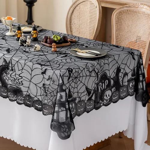 Miniatura 10 de Joyfol Day Mantel de tela de araña de Halloween, mantel redondo de encaje negro de 70 pulgadas, mantel lavable y espeluznante, mesas de telaraña