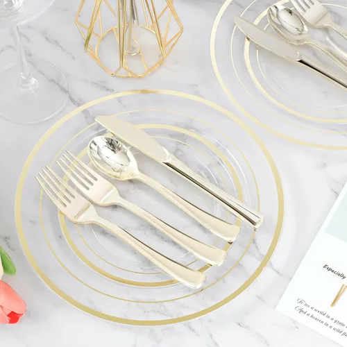 Miniatura 2 de BESTVIP Juego de 600 platos de plástico dorado transparente (para 100 invitados), platos de plástico para fiesta, boda, cumpleaños, juego de vajilla