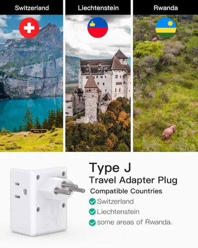 Miniatura 2 de Adaptador de enchufe de viaje para Suiza, adaptador de enchufe suizo con 3 tomacorrientes, 3 puertos de carga USB (1 USB C), adaptador de corriente