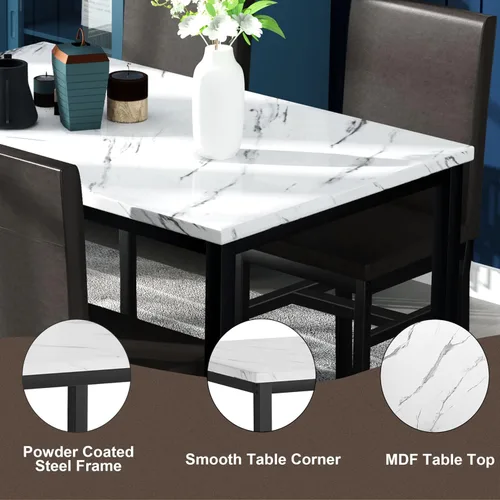 Miniatura 4 de Juego de mesa de comedor de 5 piezas Hooseng para 4 con tapa de mármol sintético y sillas de terciopelo, juego de mesa de cocina moderna que ahorra
