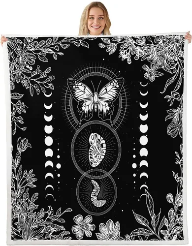 Miniatura 34 de Erosebridal Manta de árbol de la vida, sol y luna para sofá cama, manta de forro polar gótico de polilla trippy, manta de sherpa cósmica