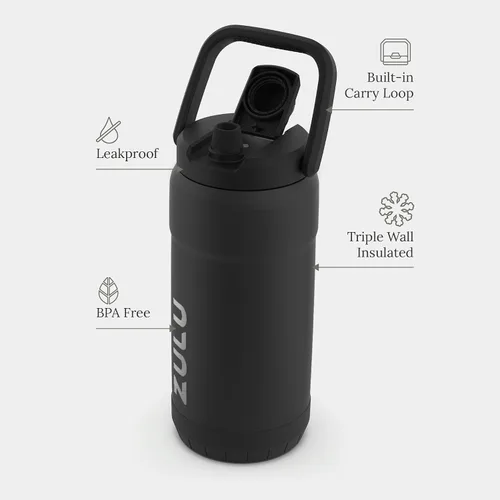 Miniatura 3 de ZULU Goals - Botella de agua de acero inoxidable con gran capacidad, aislada al vacío Jarra reutilizable con asa Tapa a prueba de fugas