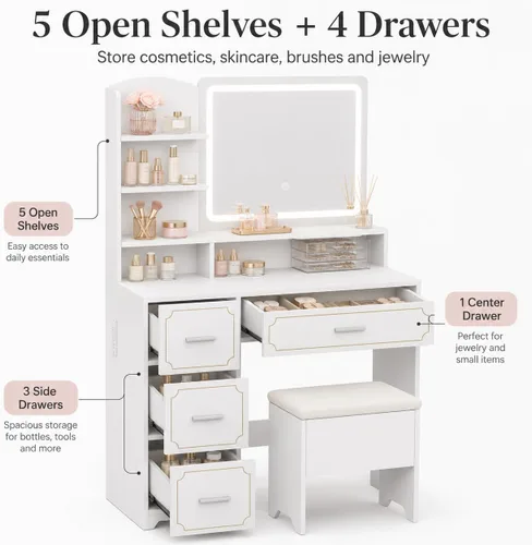 Miniatura 4 de Makeup Vanity Desk with Lighted Mirror and Power Outlet, Vanity Table Set with Stool, 5 Open Shelves and 4 Drawers, White Dressing Table with